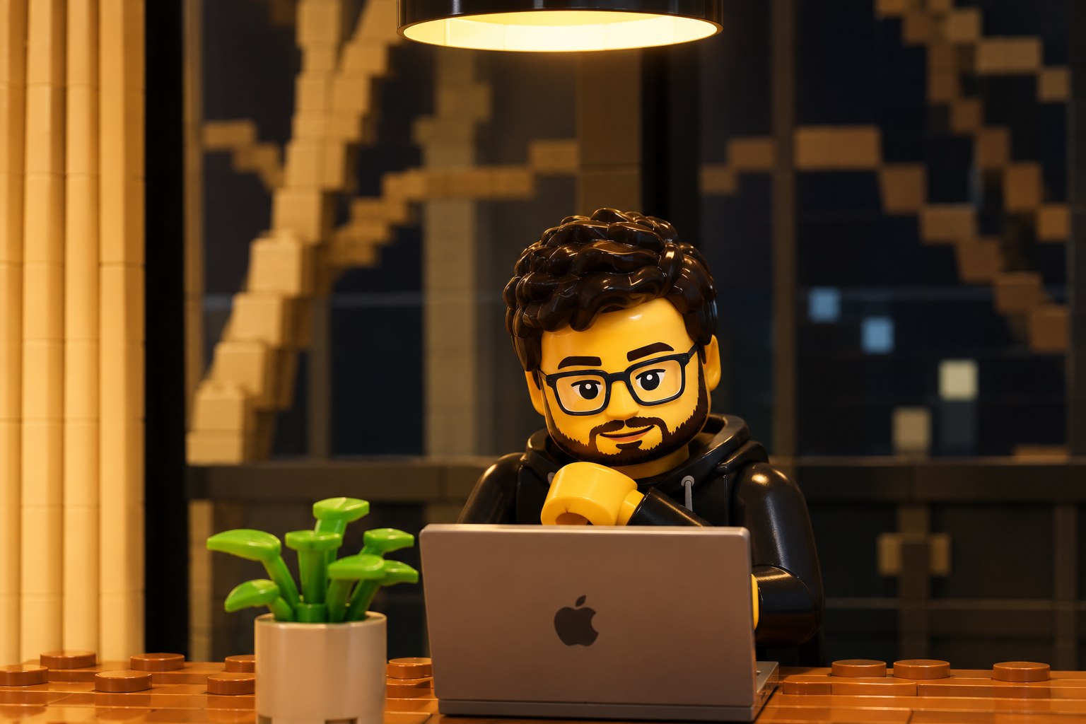 Illustrated LEGO-style portrait of Hossein at his desk with a laptop, a warm desk lamp, a small plant, and a city skyline built from blocks in the background.